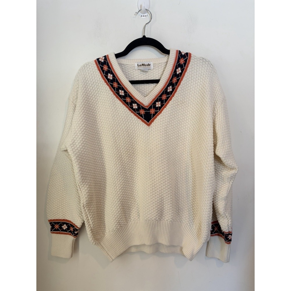 Vintage Lamode V Neck Sweater‎ Argyle Trim Mens Large Waffle Knit Ivory Preppy